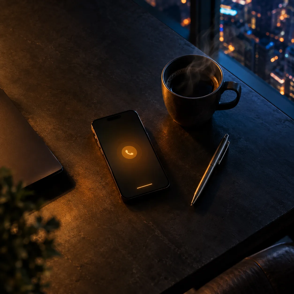 A phone lighting up with an incoming call on a dark desk at night, warm ambient light from the side