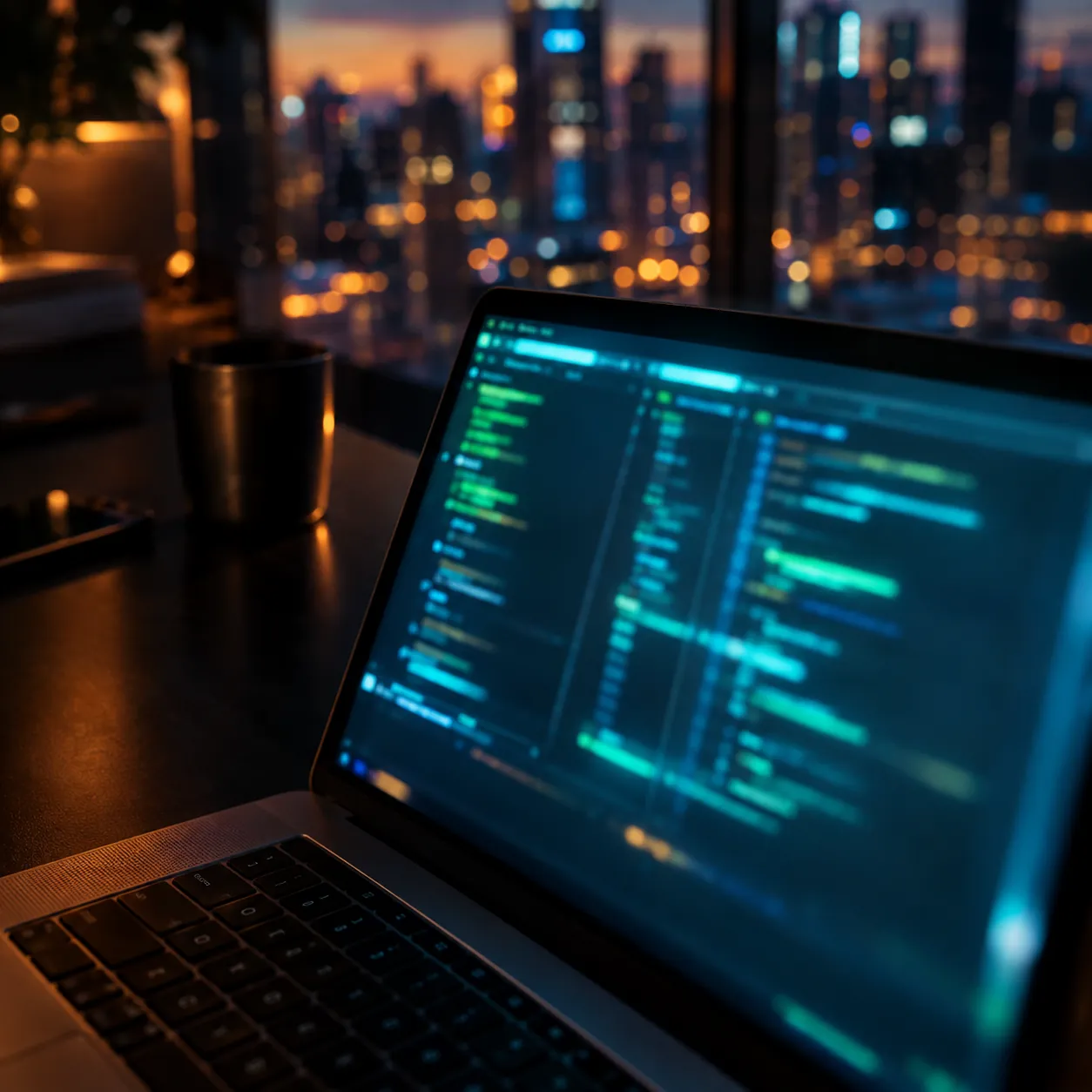 A laptop showing code with city lights blurred through the window behind