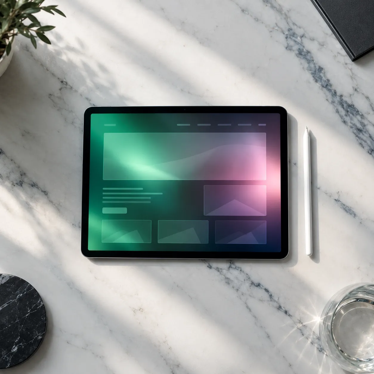 A tablet on a white marble table displaying a finished website layout