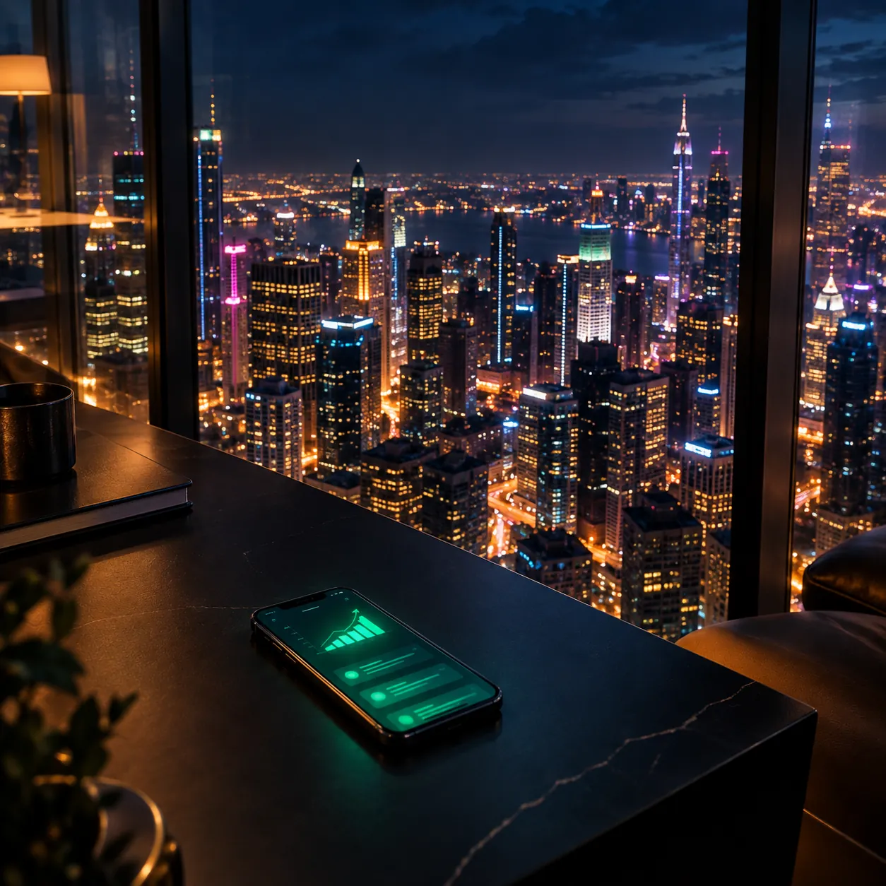 A phone showing a rising growth chart on a desk overlooking a city skyline at night