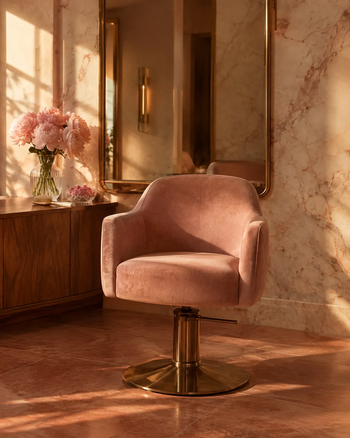 A luxury beauty salon interior in warm blush and cream tones with soft natural lighting