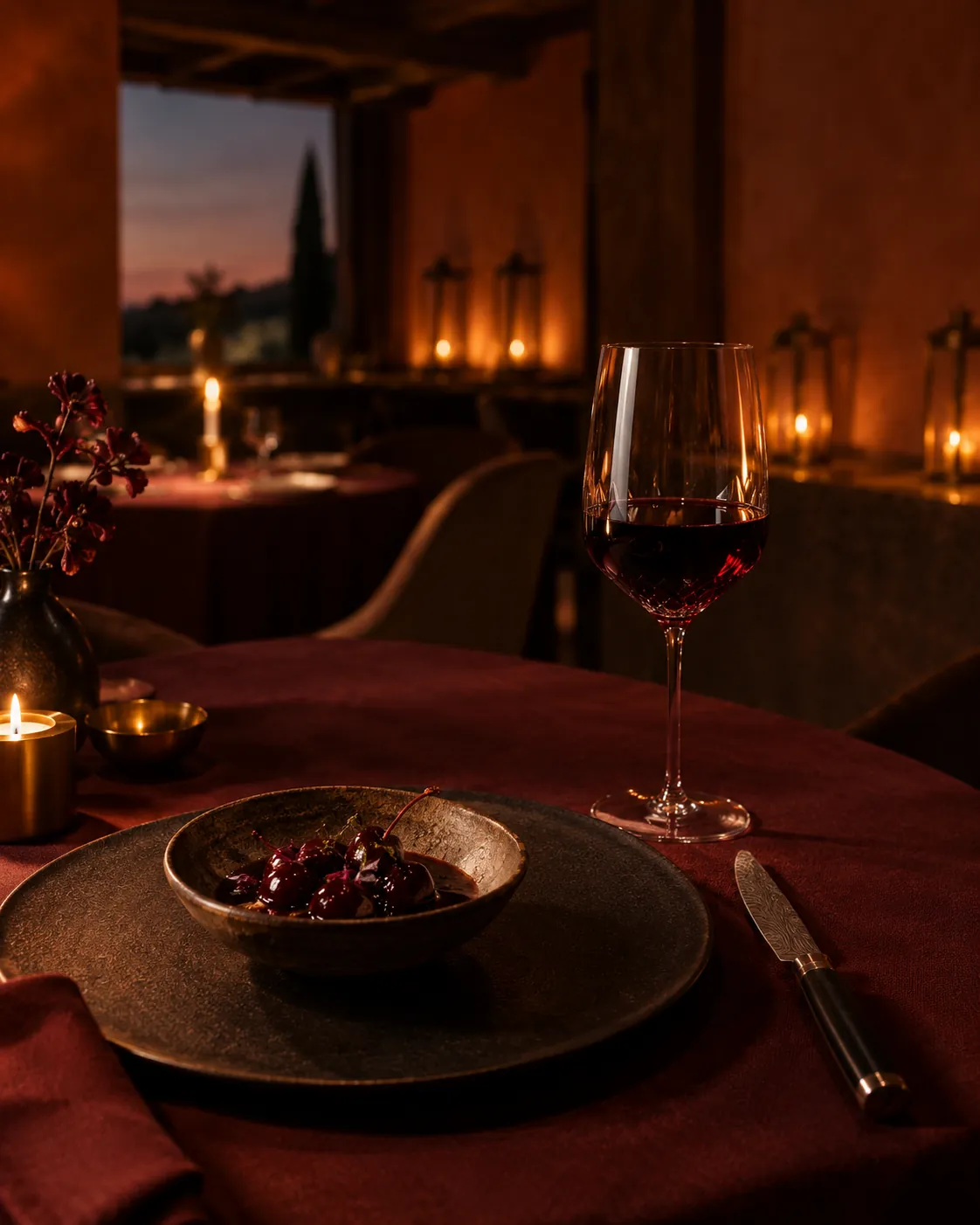 Fine dining tabletop with burgundy linen and cherries