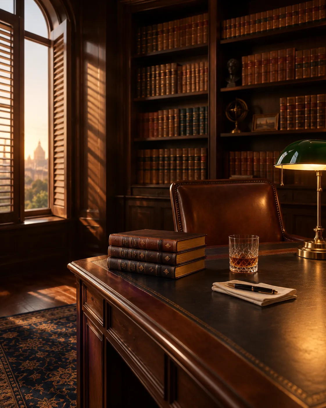 Law firm interior with dark walnut desk and legal volumes
