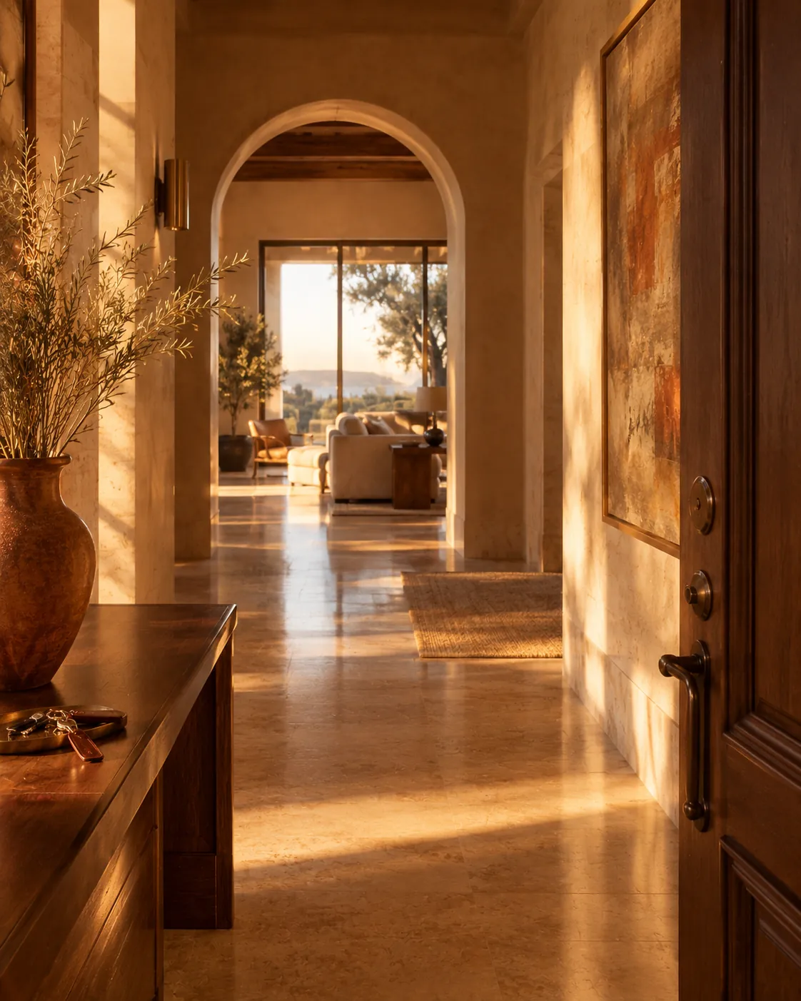 Luxury villa entrance interior at golden hour