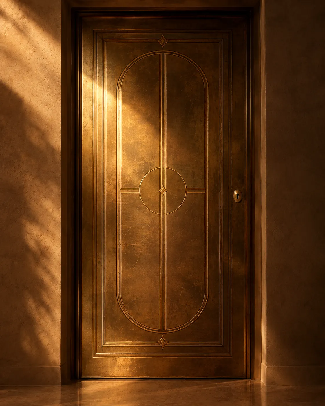 An aged brass door with hand-etched geometric detail