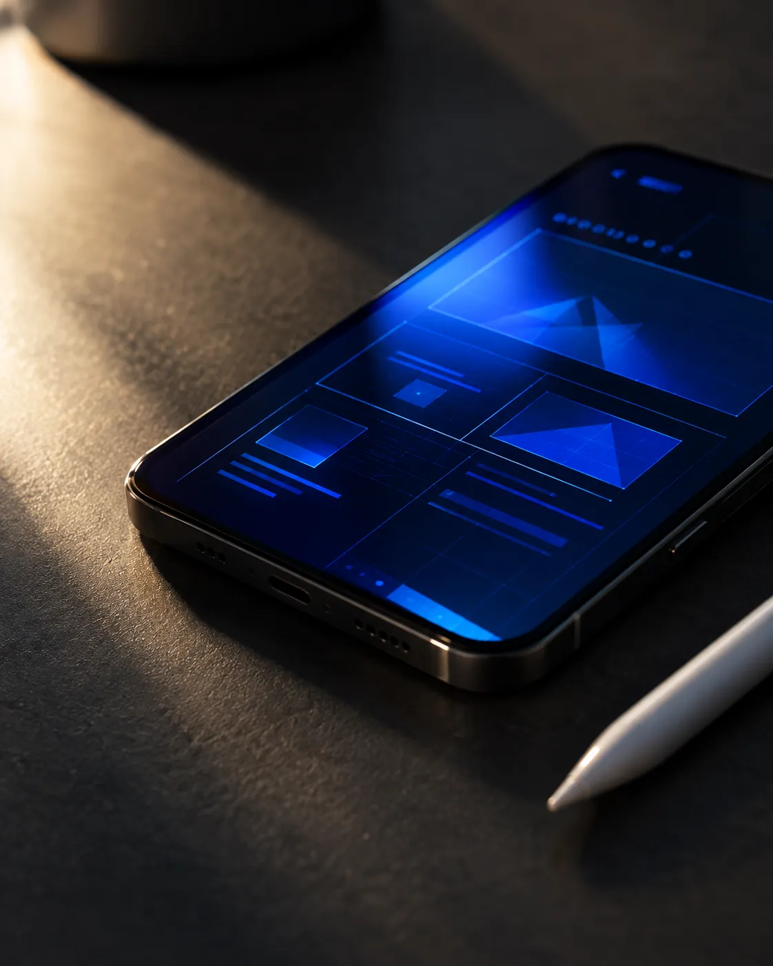 A phone on a dark desk in low sunlight, its screen showing a website wireframe in blue, with a stylus beside it